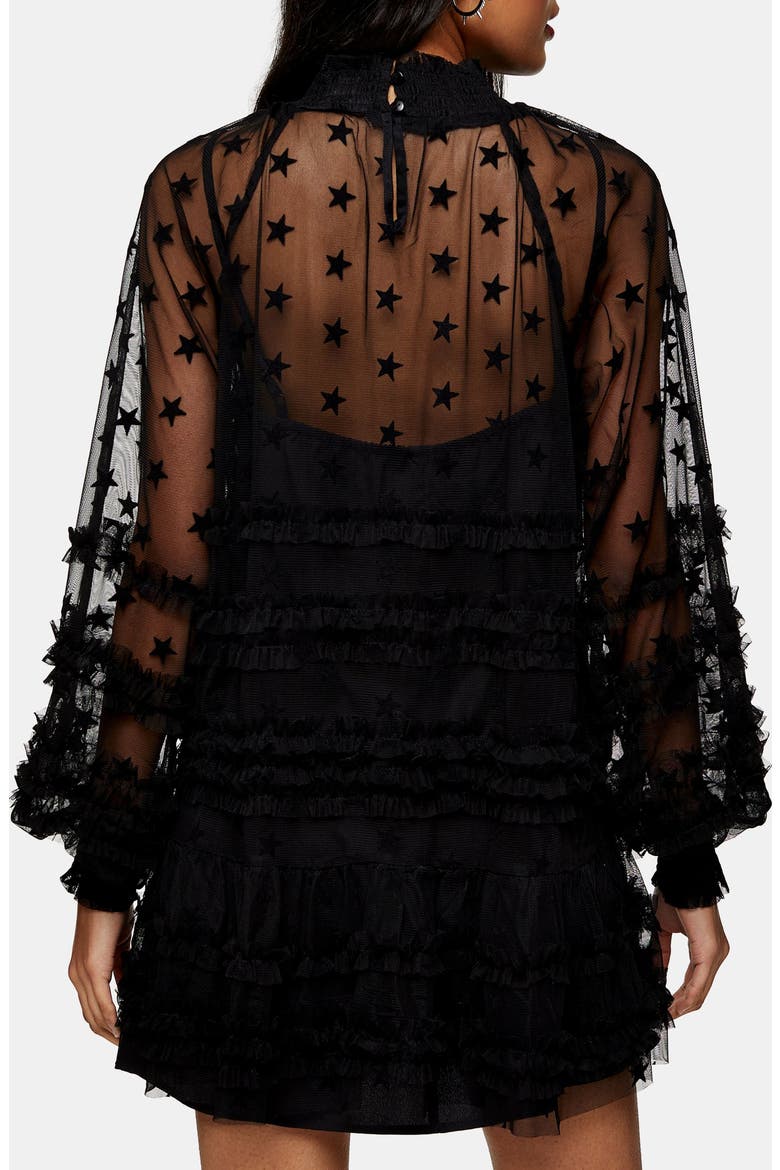 Star Mesh Long Sleeves Minidress, Alternate, color, BLACK