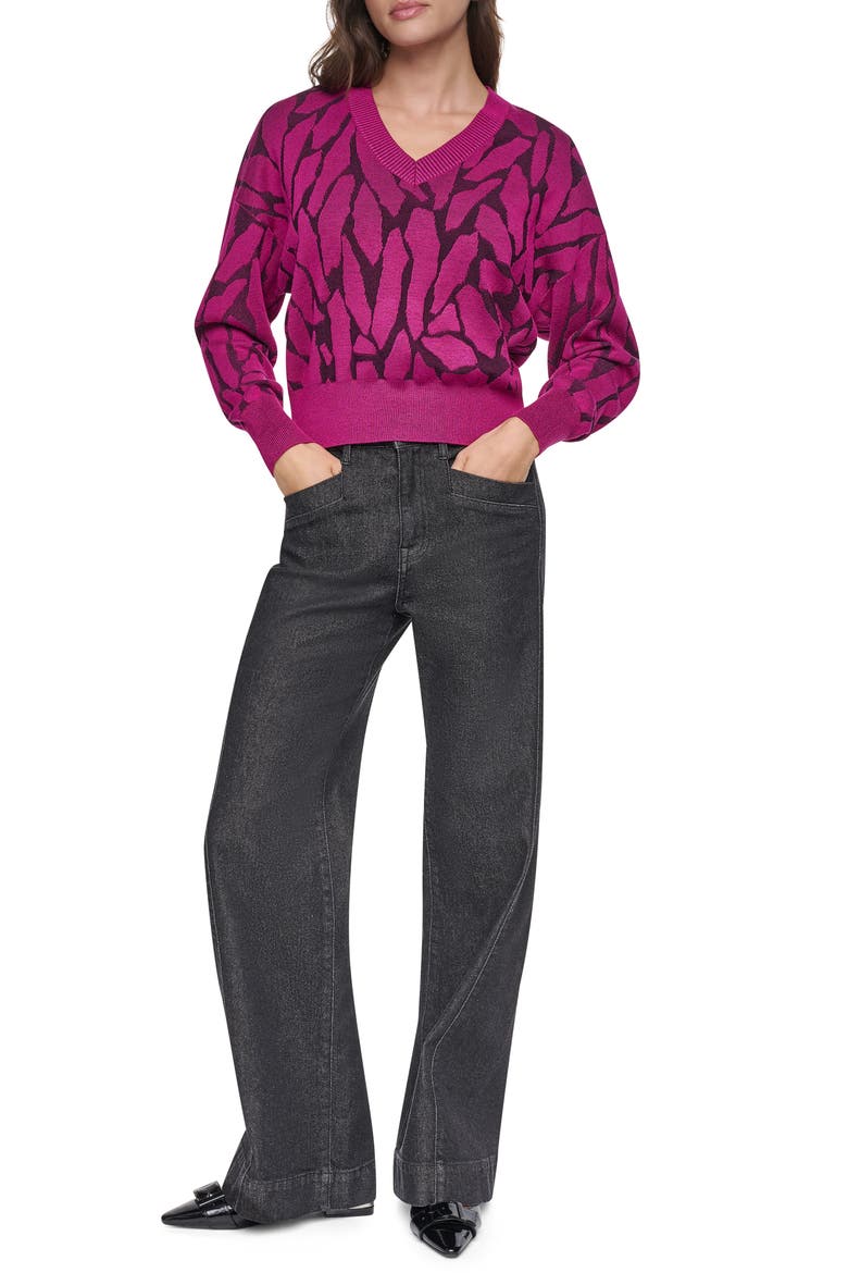 Jacquard V-Neck Sweater, Alternate, color, RASPBERRY