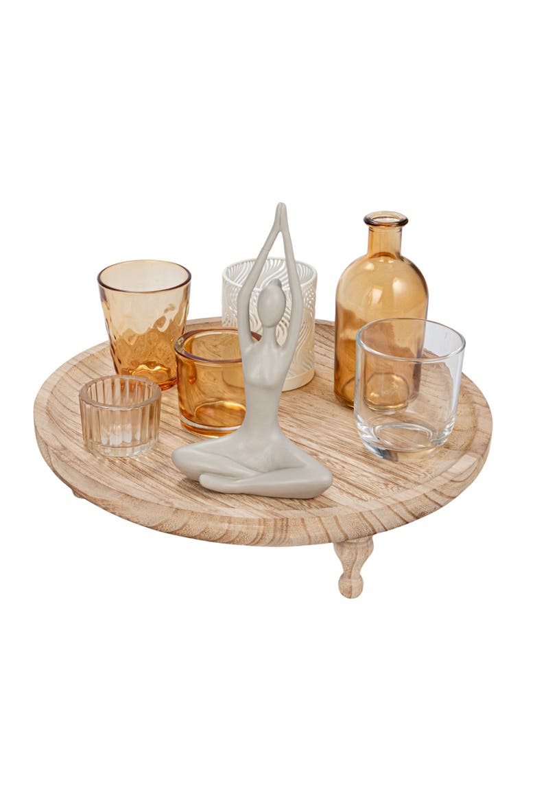 Glass Votive Holders with Yoga Figure on a Round Wood Tray, Multicolor, Set of 6, Main, color, Yellow