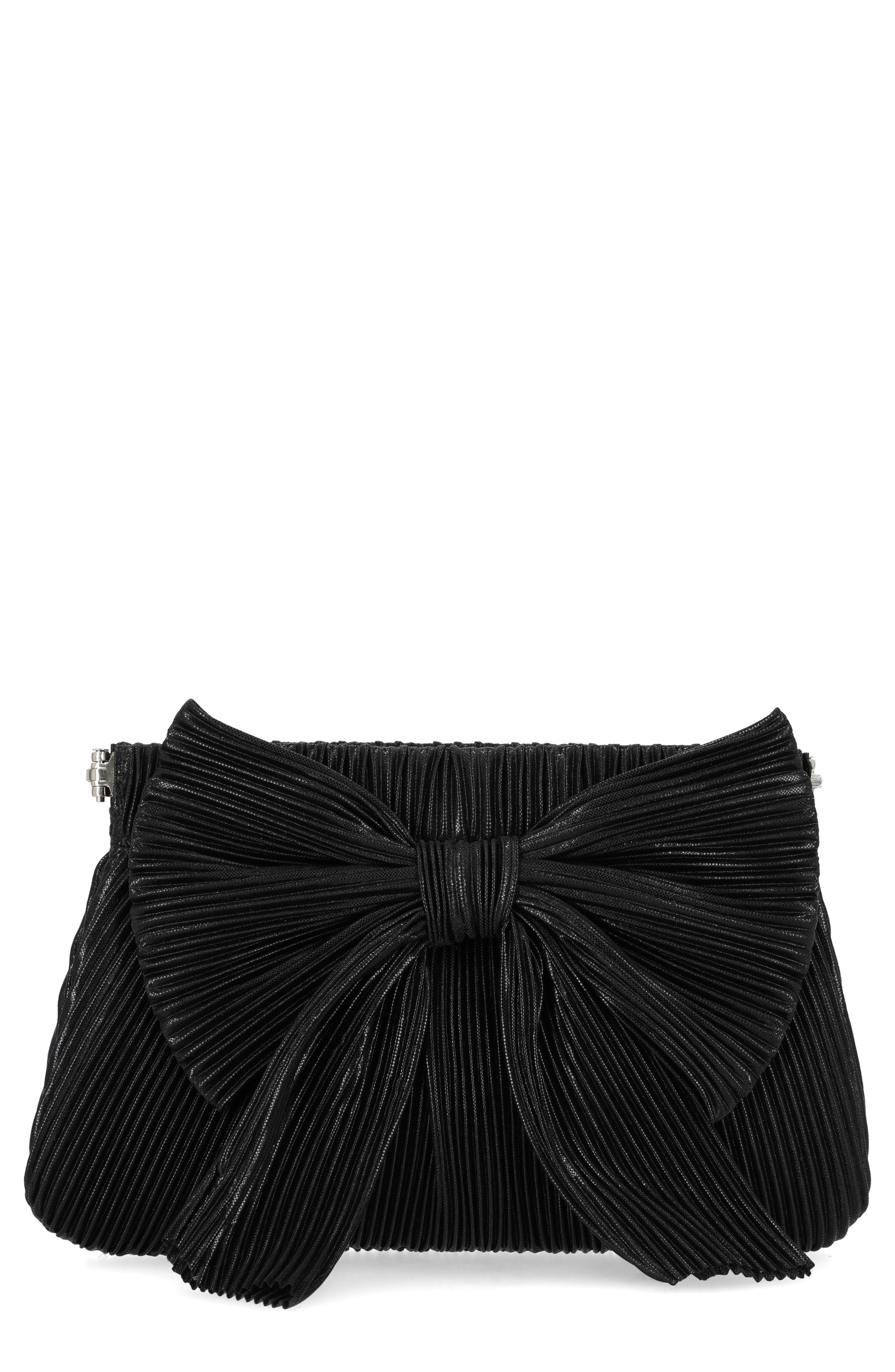 Jessica McClintock Vivienne Pleated Bow Clutch, Main, color, Black