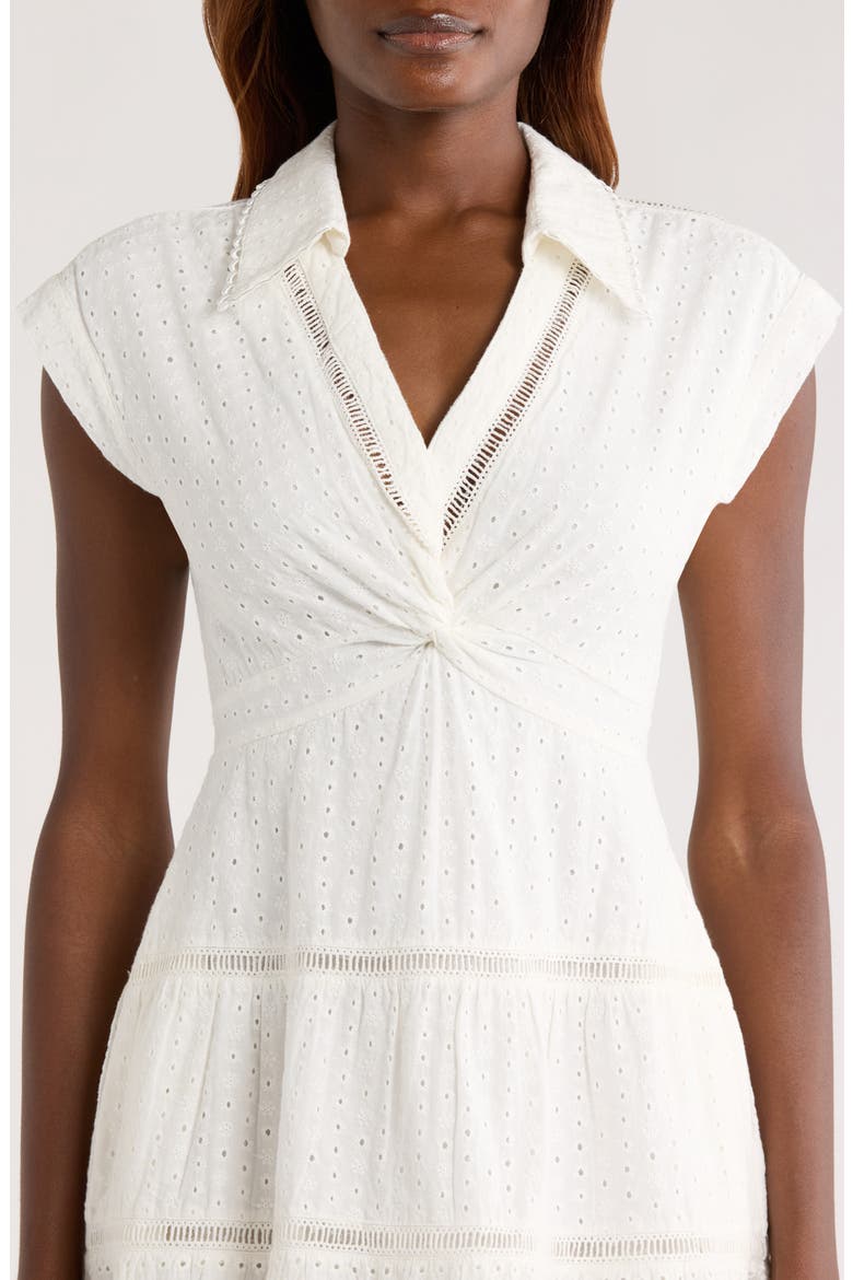Mila Deep V-Neck Cotton & Linen Eyelet Minidress, Alternate, color, OFF WHITE