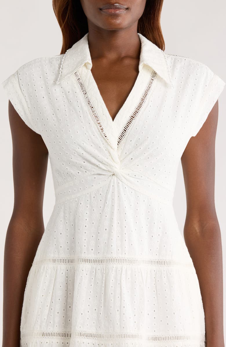 Alice + Olivia Mila Deep V-Neck Cotton & Linen Eyelet Minidress, Alternate, color, Off White