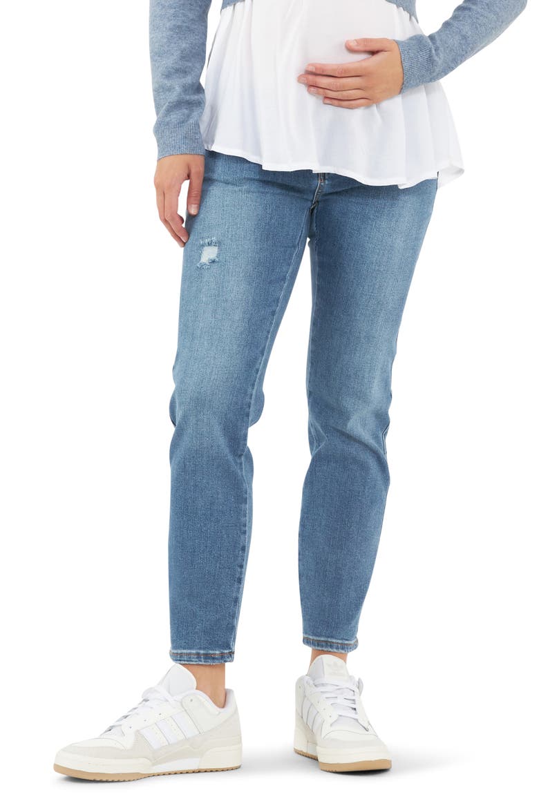 Dylan Distressed Straight Leg Maternity Jeans, Main, color, BLUE