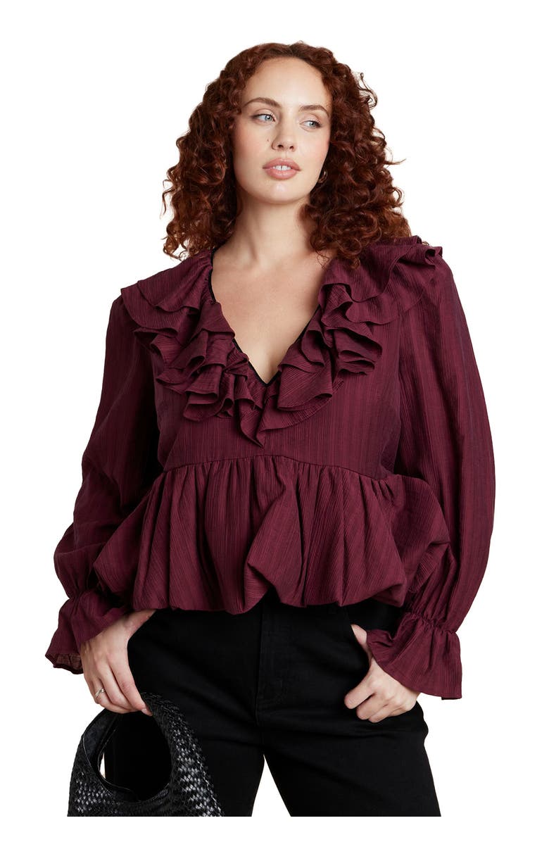 ELOQUII Romantic Ruffle Blouse, Main, color, Maroon Banner