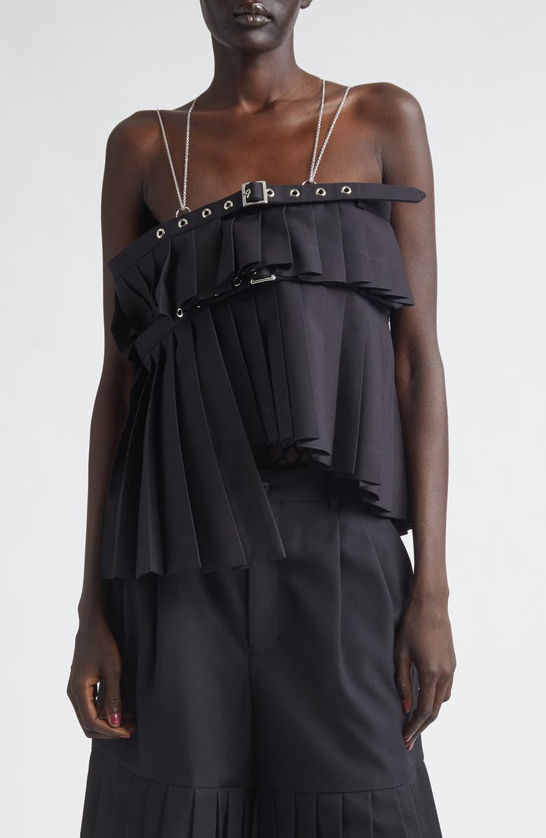 Noir Kei Ninomiya Pleated Chain Strap Wool Blend Gabardine Camisole, Main, color, Black