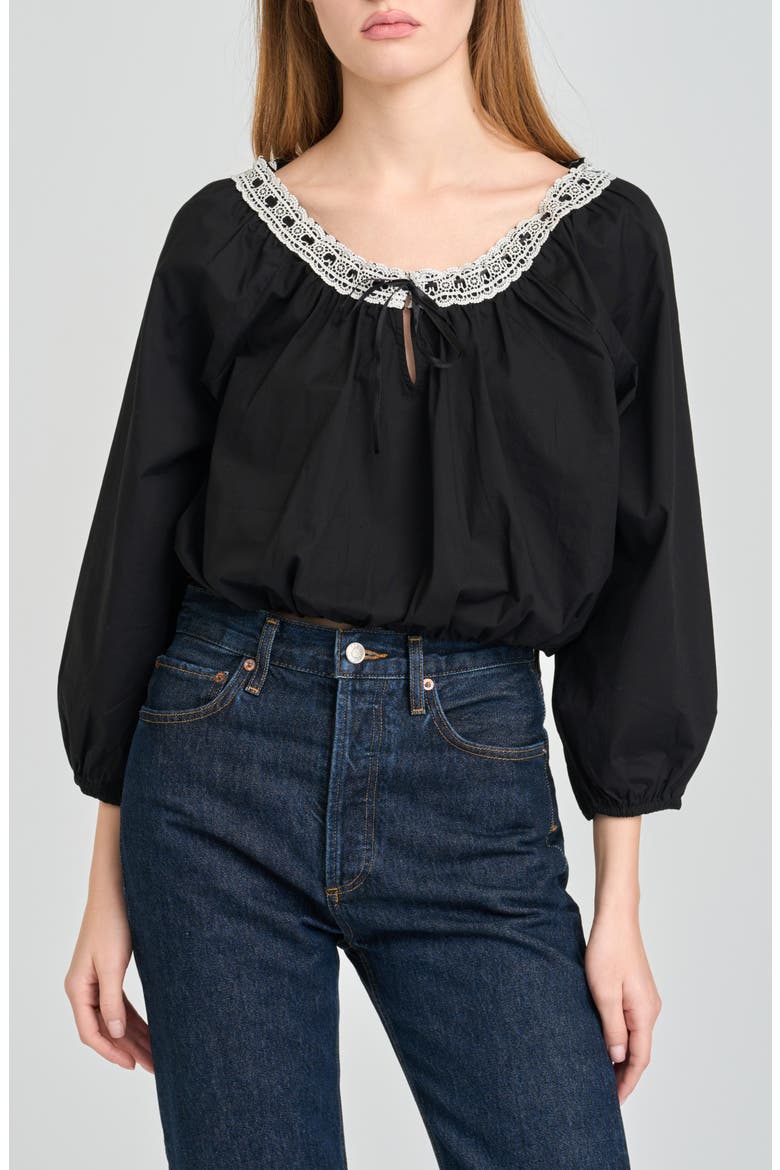 Mia Boho Lace Trim Gathered Stretch Cotton Top, Main, color, BLACK