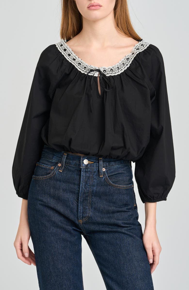 WAYF Mia Boho Lace Trim Gathered Stretch Cotton Top, Main, color, Black