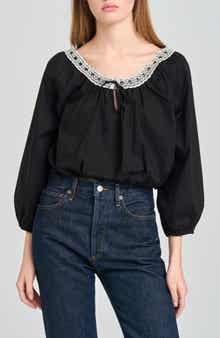 Mia Boho Lace Trim Gathered Stretch Cotton Top