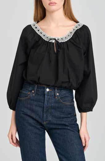 Mia Boho Lace Trim Gathered Stretch Cotton Top