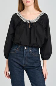 WAYF Mia Boho Lace Trim Gathered Stretch Cotton Top