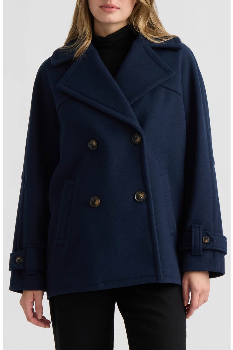Faux Wool Double Breasted Short Coat, Main, color, NAVY BLAZER