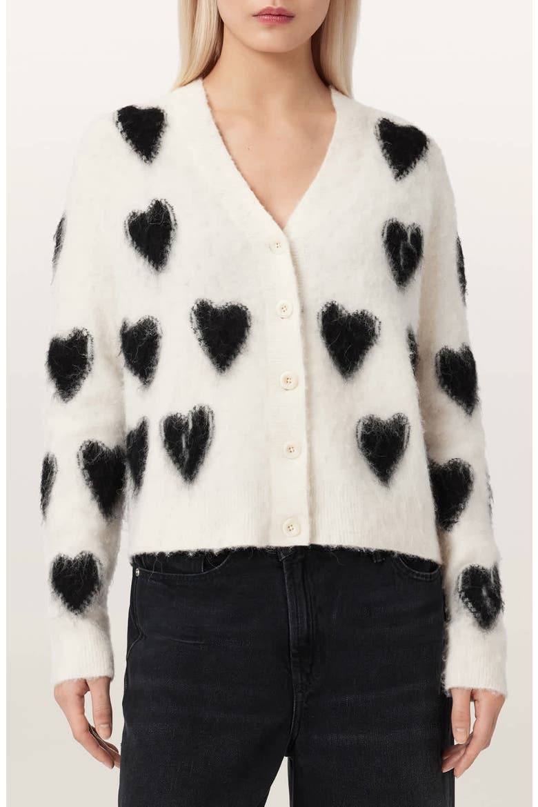 Scatter Heart Alpaca & Merino Wool Blend Cardigan, Main, color, CHALK WHITE/ BLACK