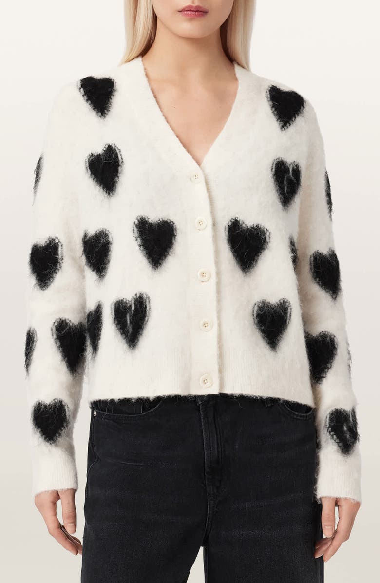AllSaints Scatter Heart Alpaca & Merino Wool Blend Cardigan, Main, color, Chalk White/ Black
