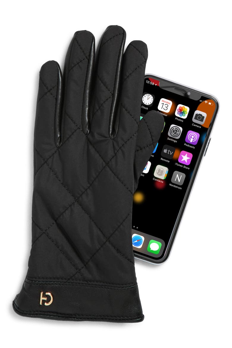 Faux Fur Lined Quilted Puffer Gloves, Alternate, color, BLACK