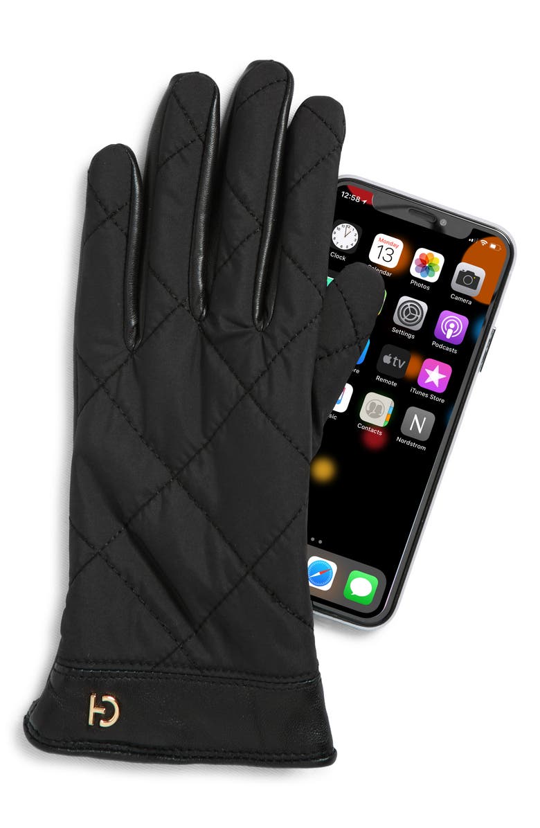 Cole Haan Faux Fur Lined Quilted Puffer Gloves, Alternate, color, Black