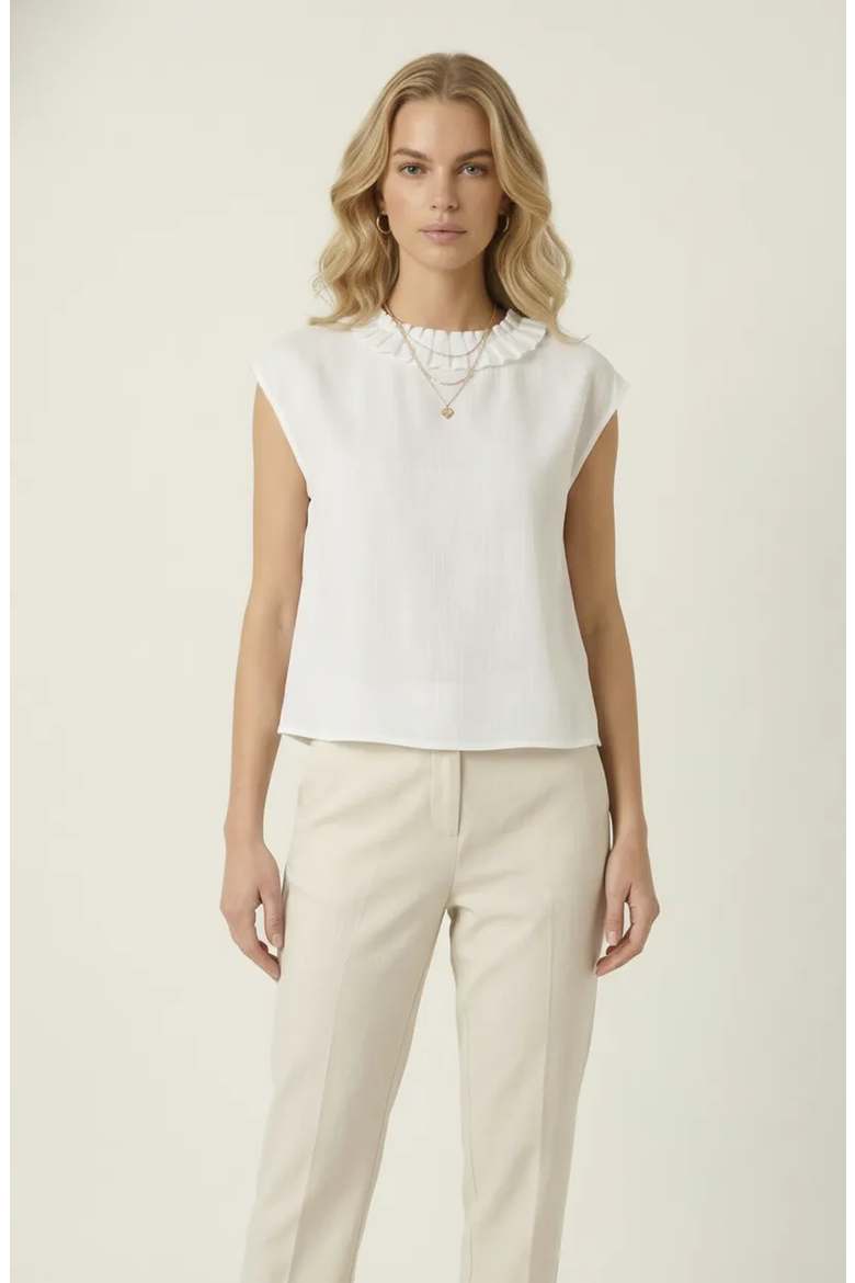 Sleeveless Blouse with Pleated Neckline and Soft Drape, Main, color, White