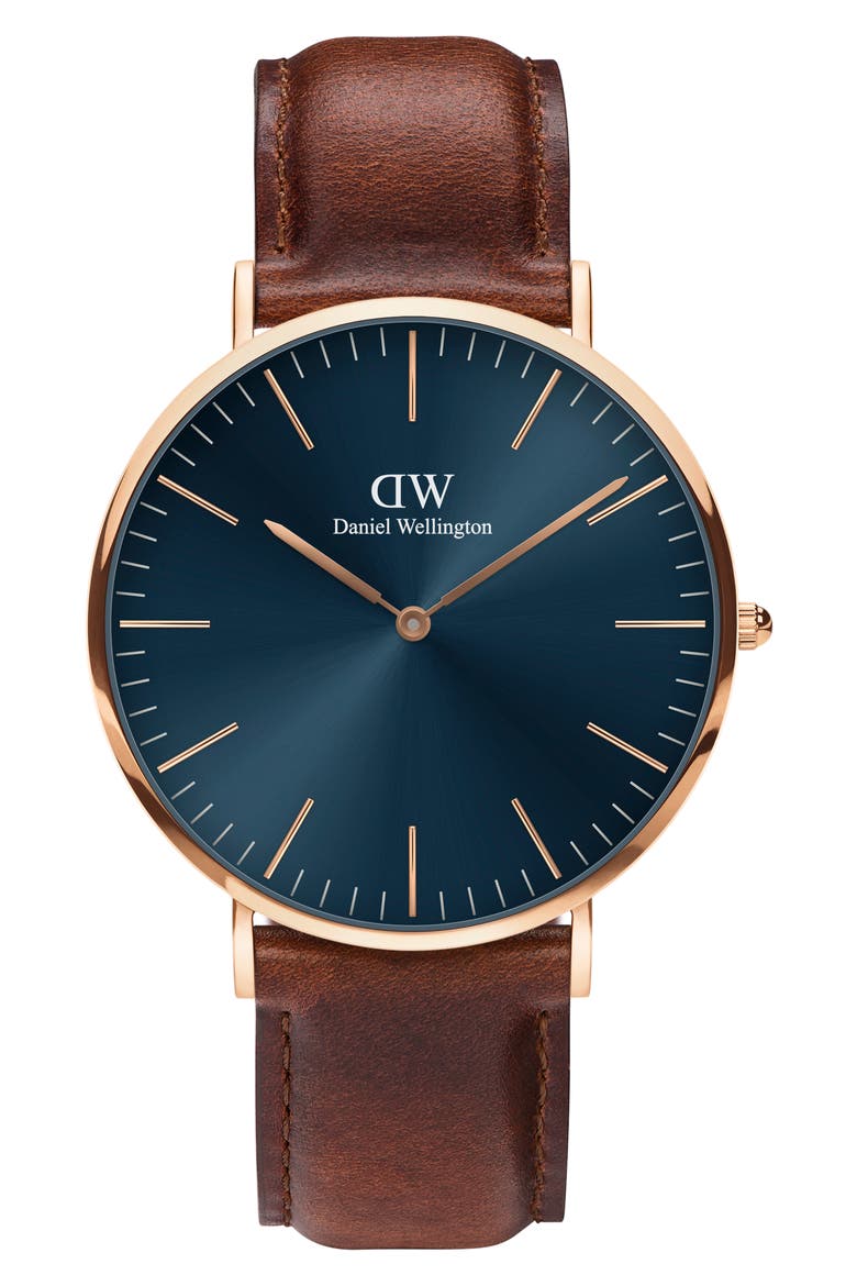 Classic St. Mawes Leather Strap Watch, 40mm, Main, color, ROSE_GOLD