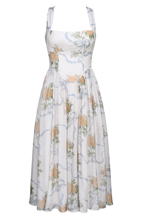 House Of Cb Of Cb Womens Soft Blue Vintage Minerva Floral-print Chiffon Midi Dress In Yellow Rose Off White