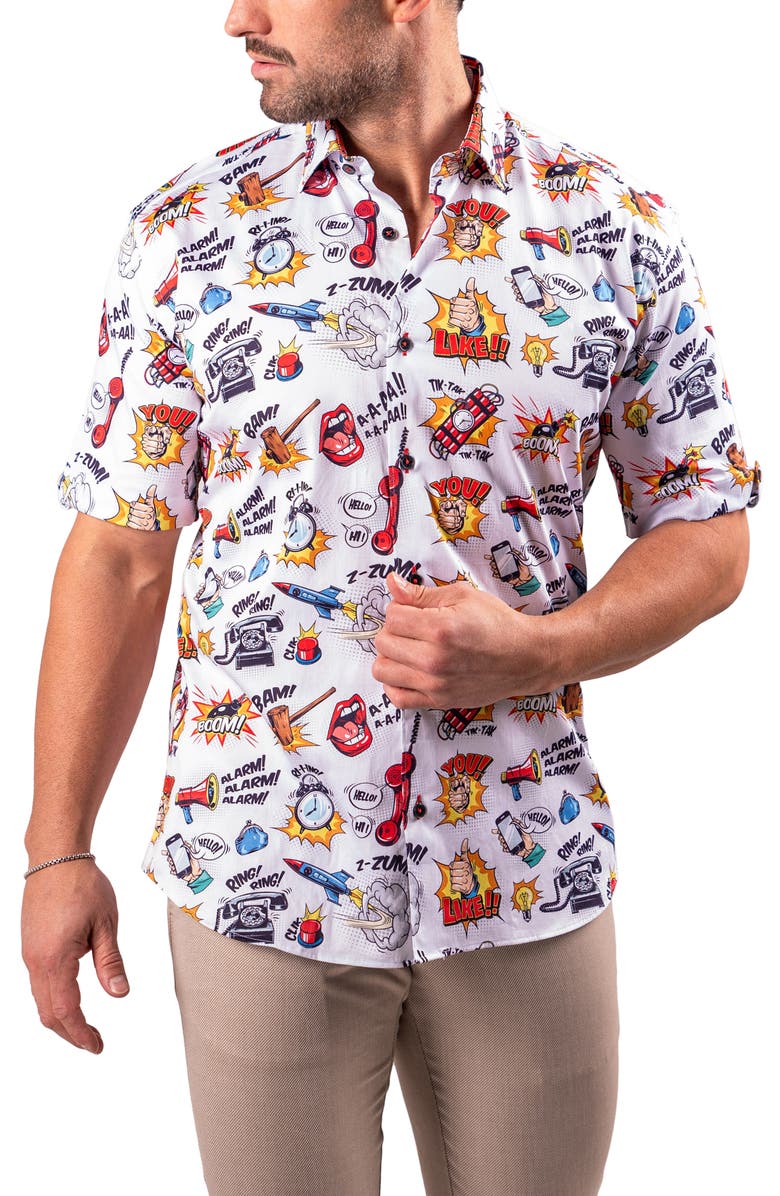 Maceoo Galileo Resistance0351 White Cartoon Print Short Sleeve Button-Up Shirt, Alternate, color, 