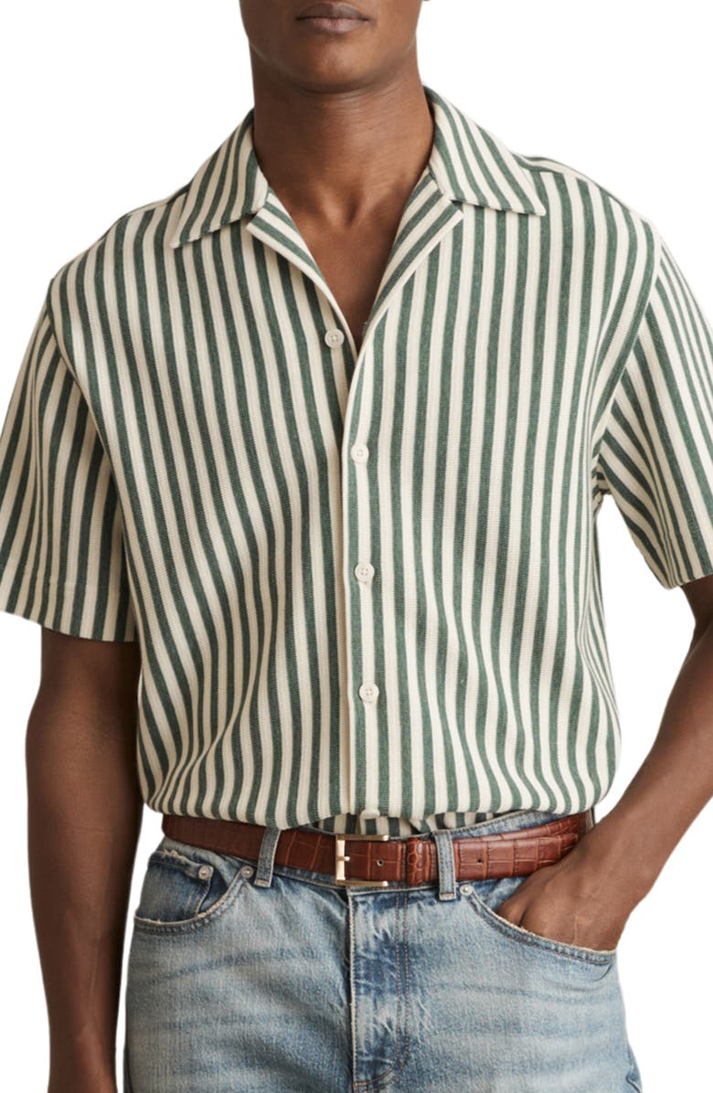 Reiss Trig Textured Stripe Camp Shirt, Main, color, Green/ White