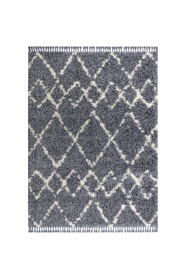 Mercer Shag Plush Tassel Moroccan  Geometric Trellis Area Rug, Main, color, Blue/Cream