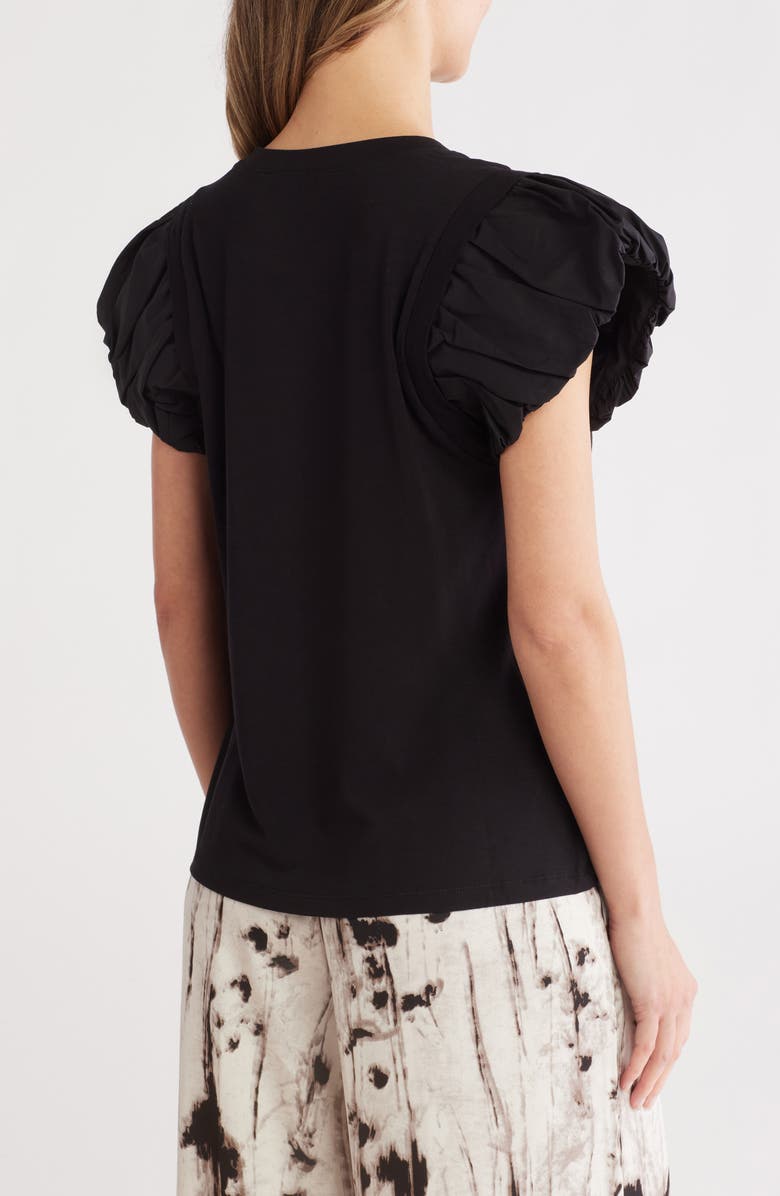 PATRIZIA LUCA Ruched Puff Sleeve Mixed Media T-Shirt, Alternate, color, Black