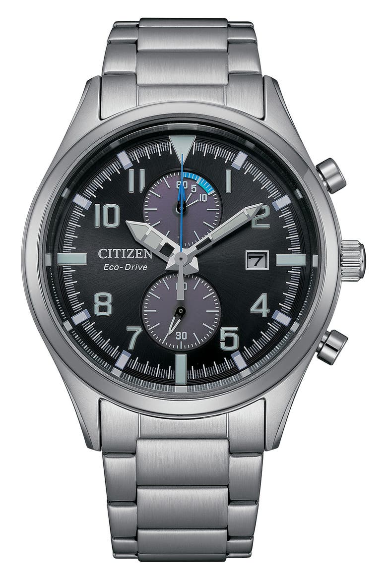 Eco Drive Chronograph Stainless Steel Bracelet Watch, 43mm, Main, color, SILVER