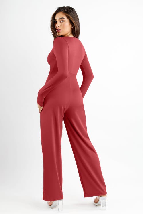 Popilush Shapewear Long Sleeve Square Neck Slimming Wide Leg Jumpsuit In Brick Red