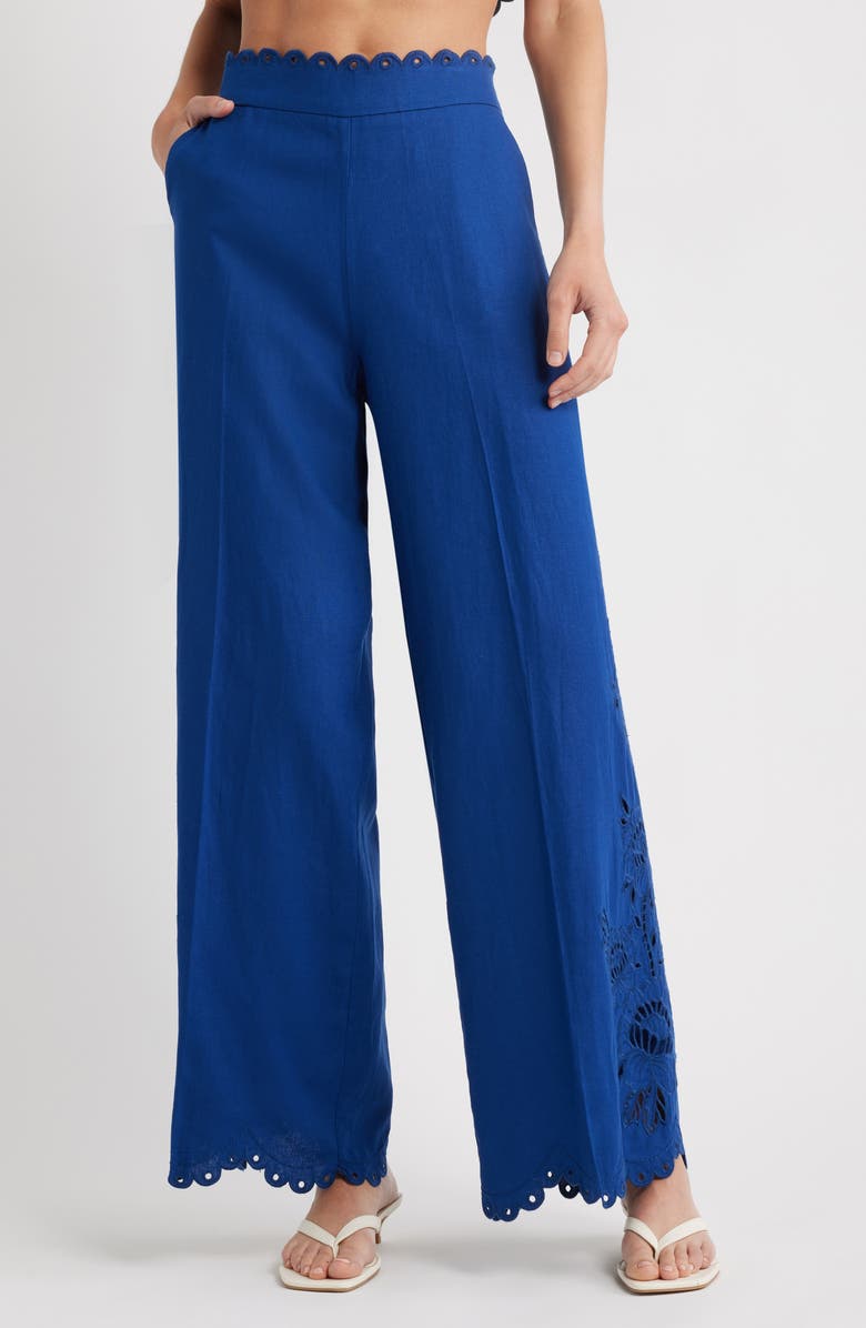 FARM Rio Richelieu Embroidery Detail Linen Blend Pants, Main, color, 