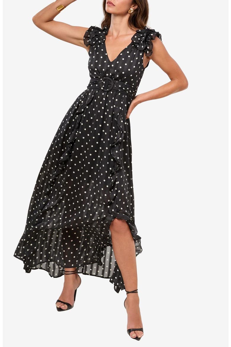 Metallic Maxi Ruffle Dress, Main, color, BLACK