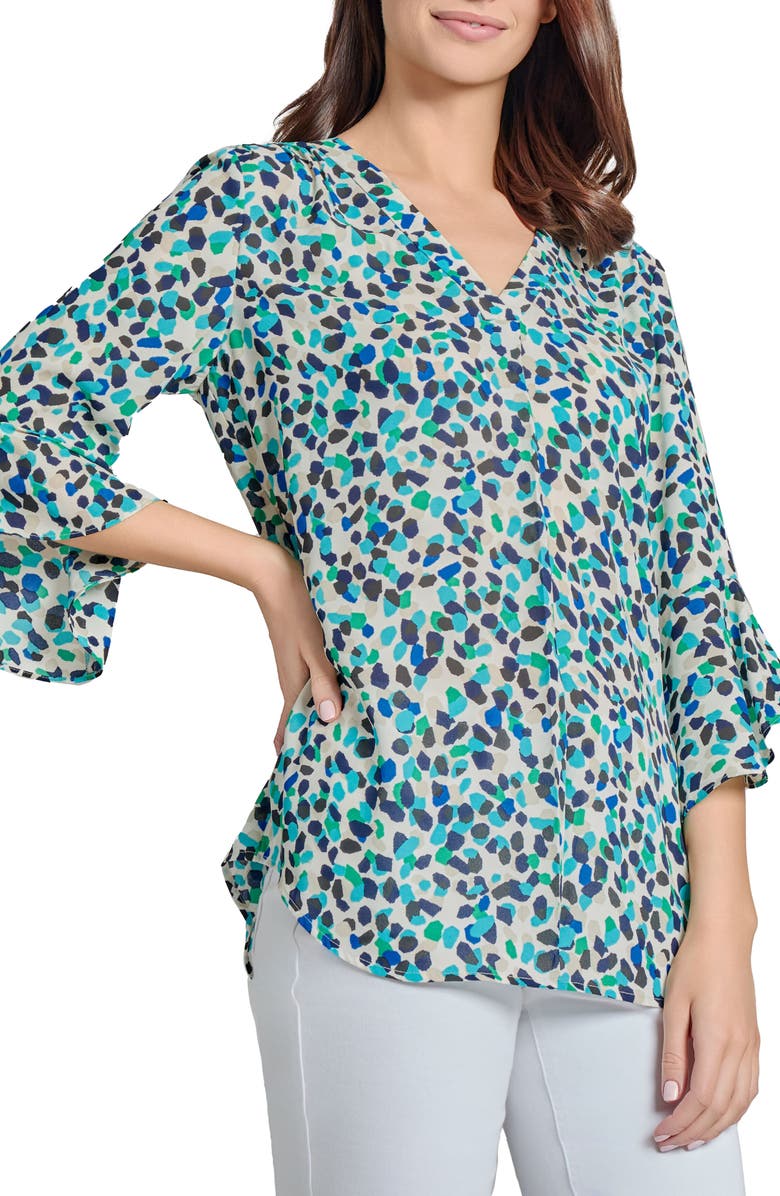 Jones New York Printed Flutter Sleeve Pleat V-Neck Top, Alternate, color, 