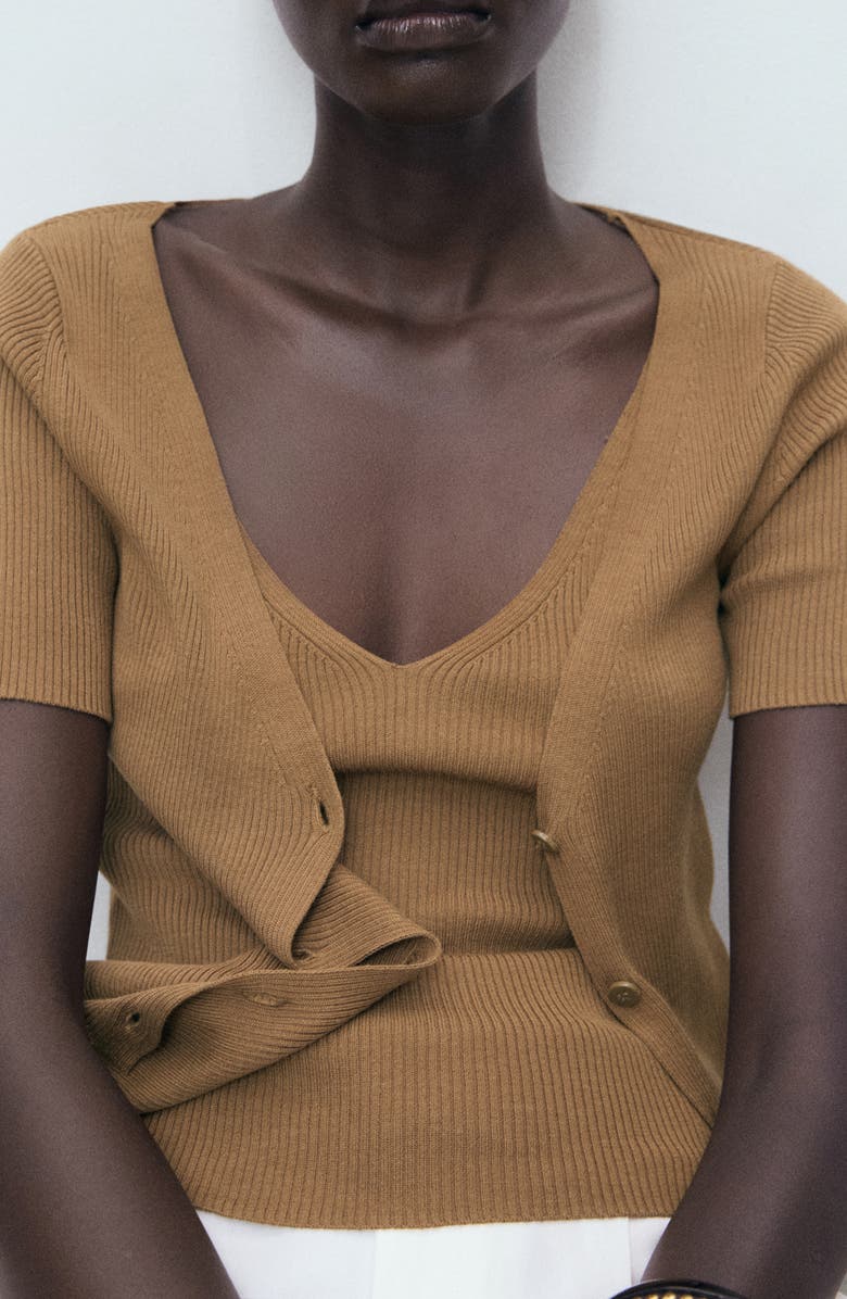 MANGO Rib Short Sleeve Cardigan, Alternate, color, Tobacco Brown