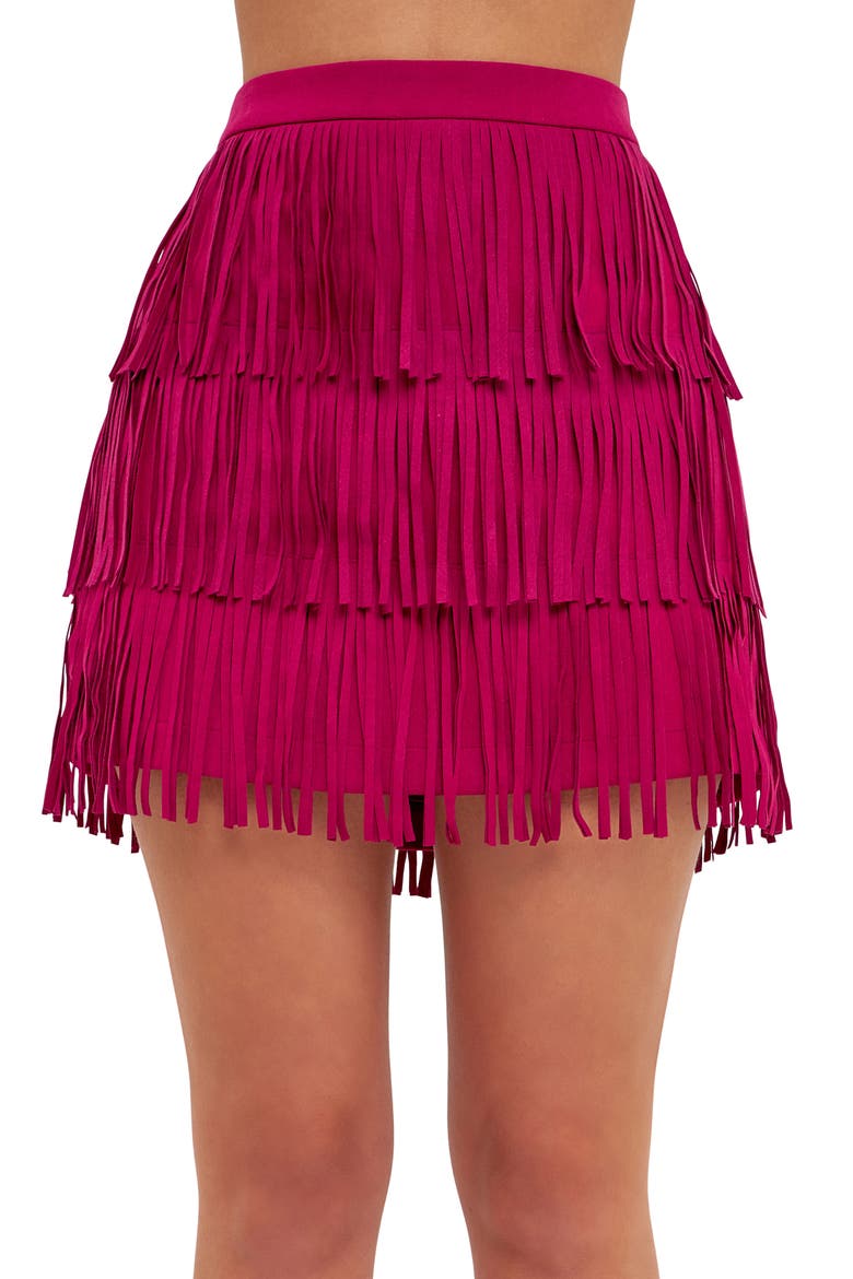 Fringe Faux Suede Miniskirt, Alternate, color, BERRY
