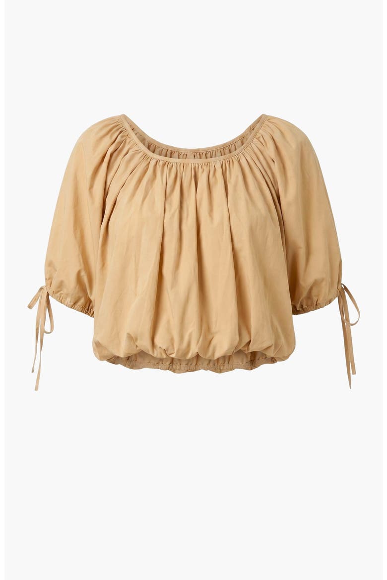 Puff Sleeve Short Top with Gathered Neckline, Alternate, color, Khaki
