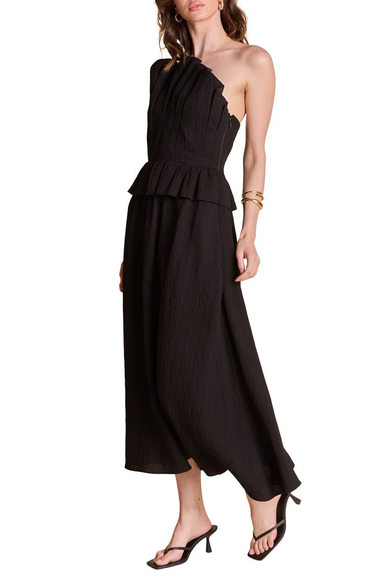 Pleated Ruffle Strapless Maxi Dress, Alternate, color, BLACK
