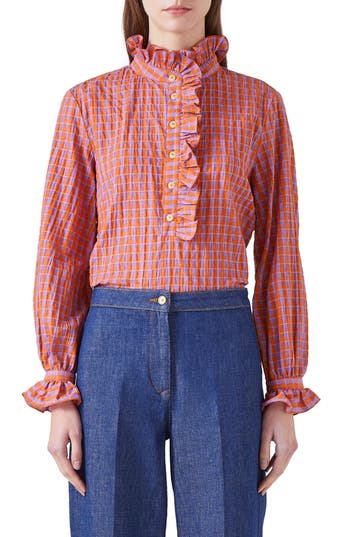 Lk Bennett Womens Mul-orange Camille Gingham Seersucker-cotton Shirt In Orange