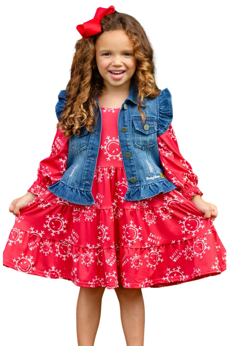 Girls SmileyWorld Happy Snowflake Denim Vest and Dress Set, Main, color, Red