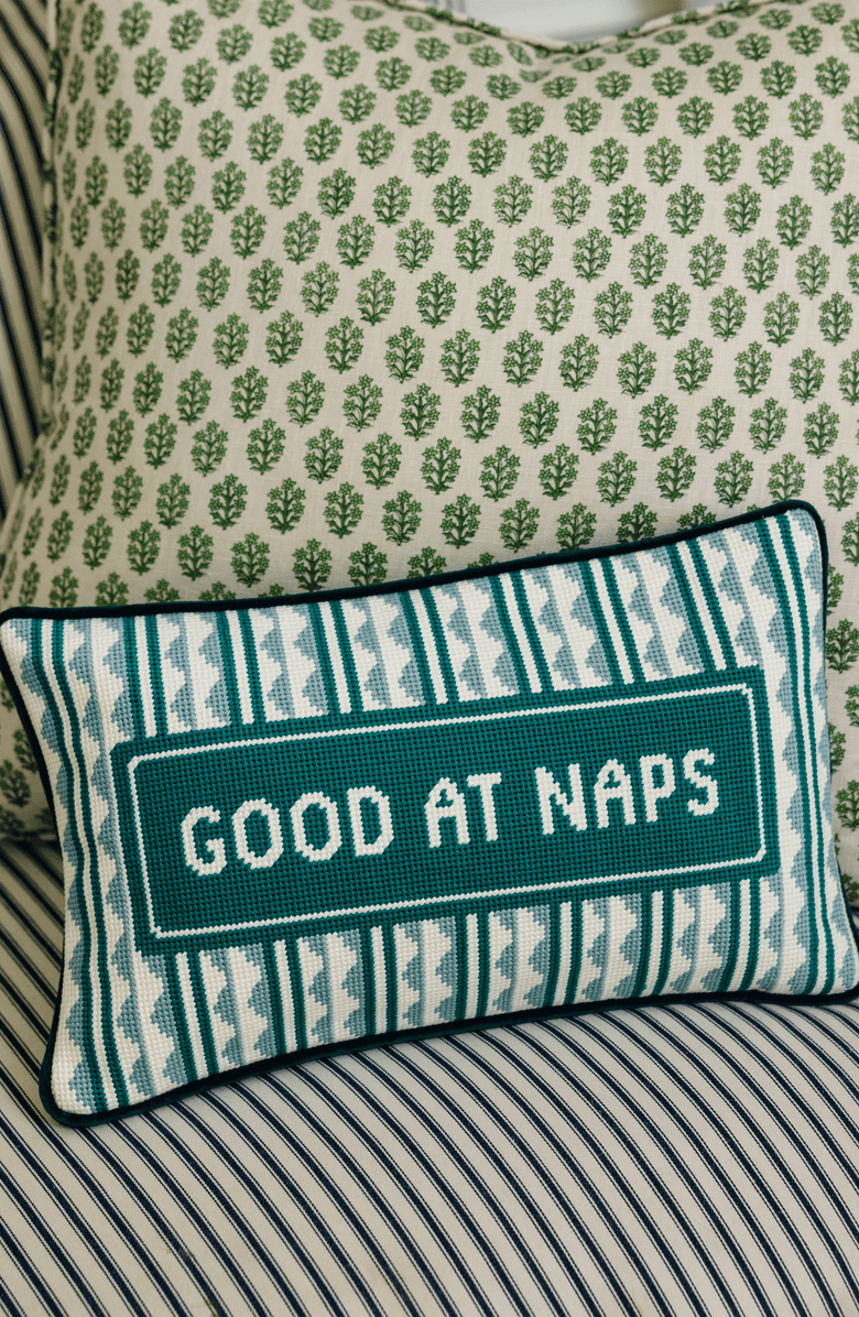 Furbish Good at Naps Needlepoint Pillow, Alternate, color, Dark Green
