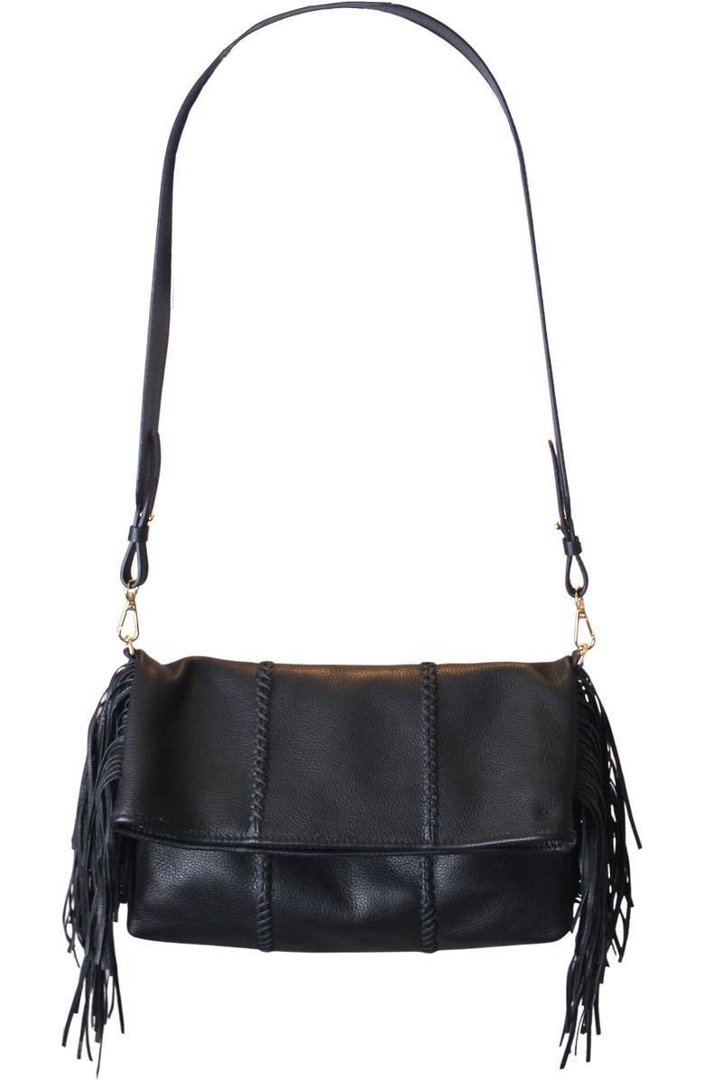 Carlos Falchi Large Fringe Leather Crossbody Messenger, Main, color, Black Obsidian