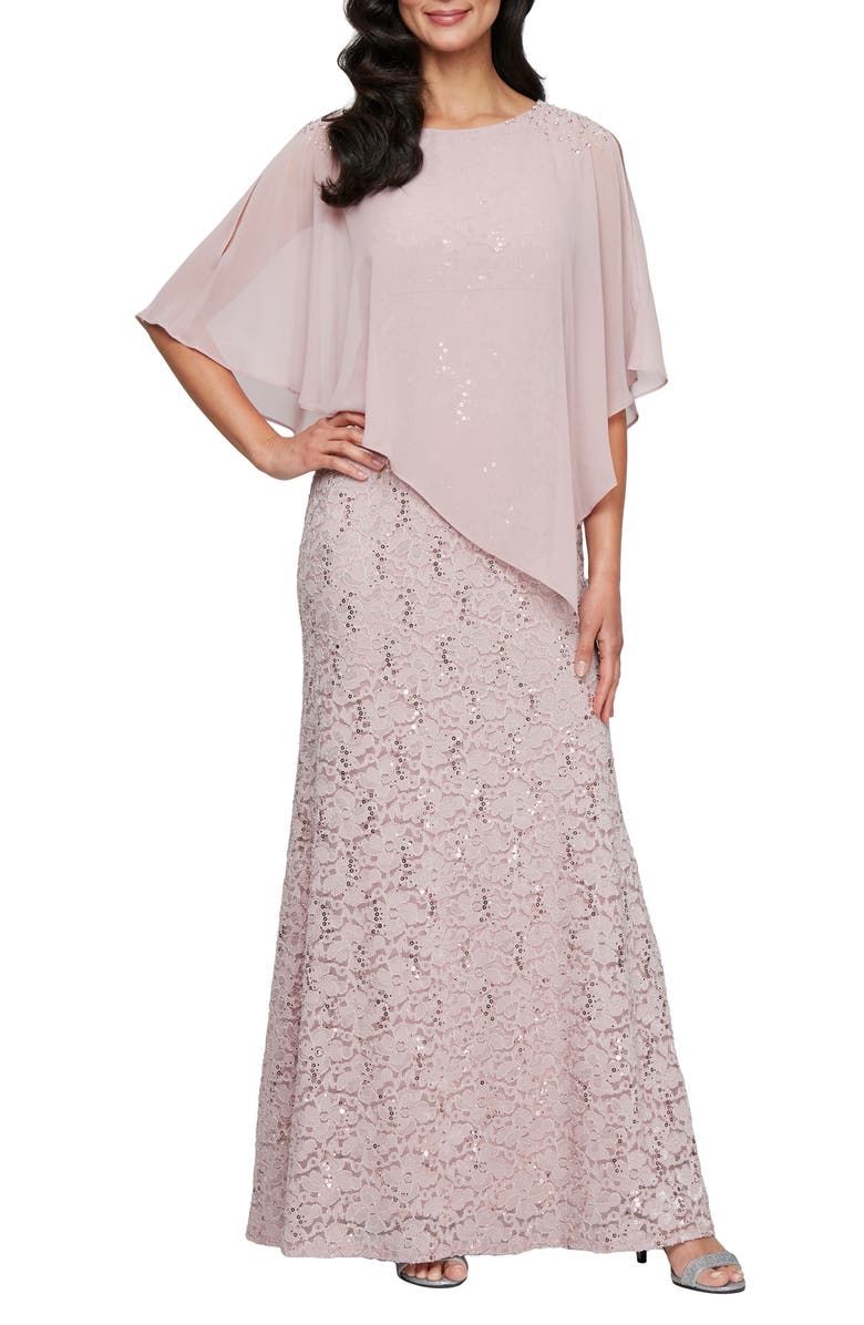 SL FASHIONS Beaded Lace & Chiffon Capelet Gown, Main, color, Blush