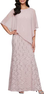 SL FASHIONS Beaded Lace & Chiffon Capelet Gown