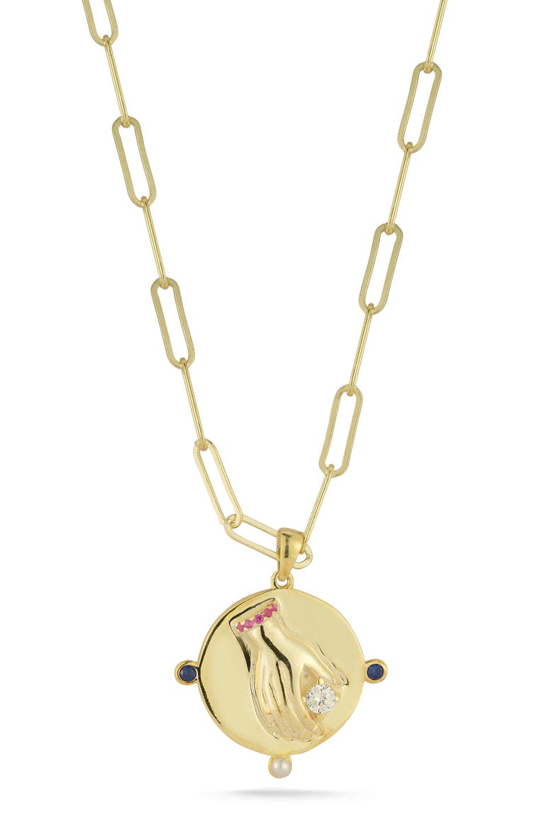 Cubic Zirconia & Cultured Pearl Medallion Pendant Necklace, Main, color, GOLD