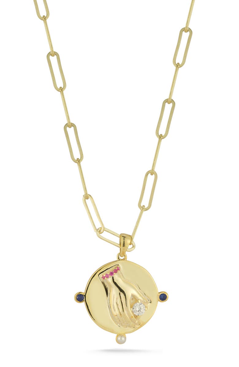 SPHERA MILANO Cubic Zirconia & Cultured Pearl Medallion Pendant Necklace, Main, color, Gold