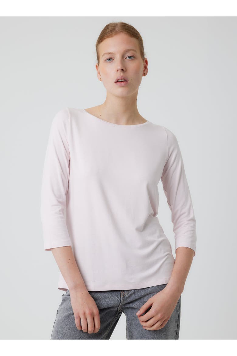 Soft Touch 3/4 Sleeve Pleated Back Crewneck Top, Main, color, PETALE