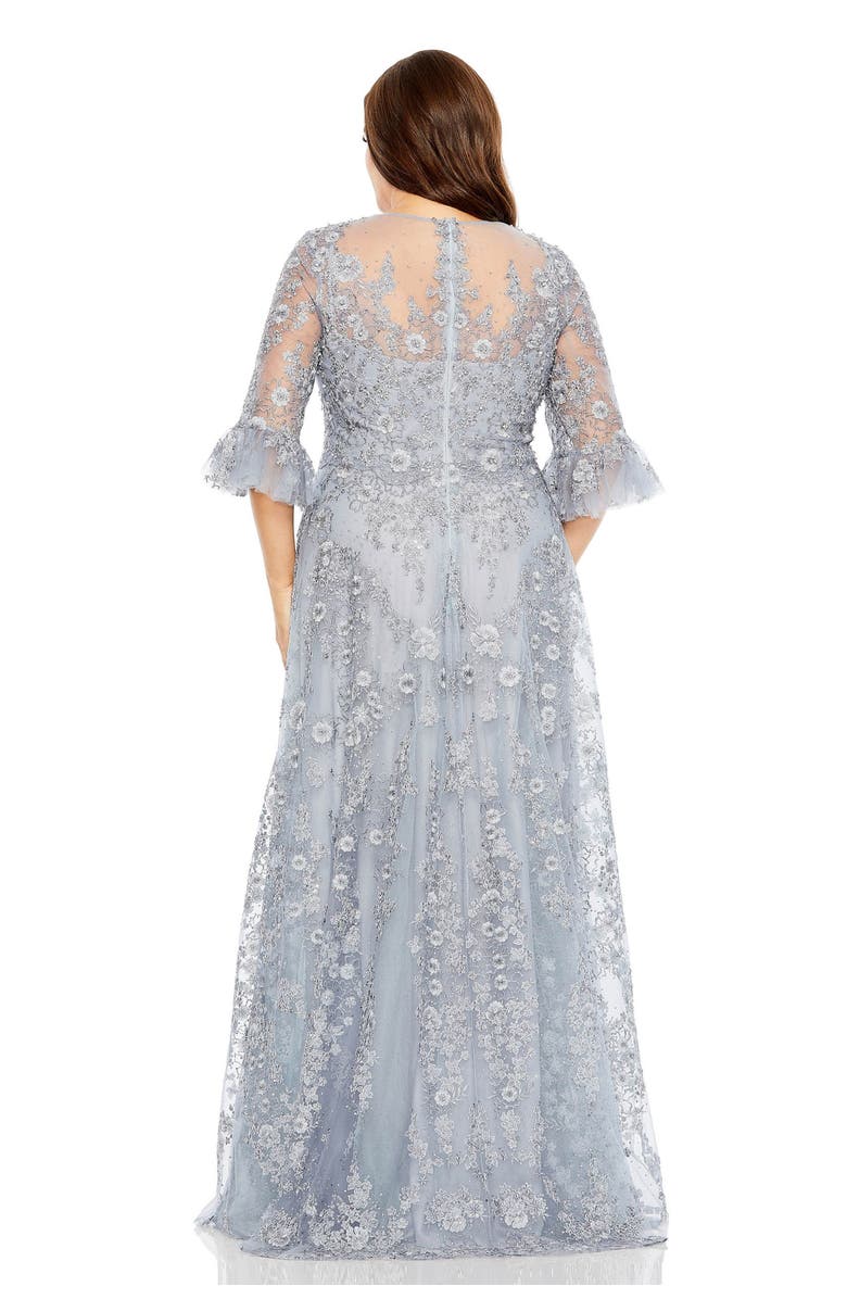 Mac Duggal High Neck Flutter Sleeve Embroidered A Line Gown, Alternate, color, Platinum