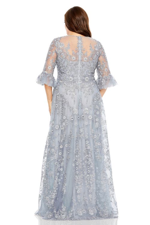 Mac Duggal Embroidered Illusion High Neck Puff Sleeve A Line In Platinum