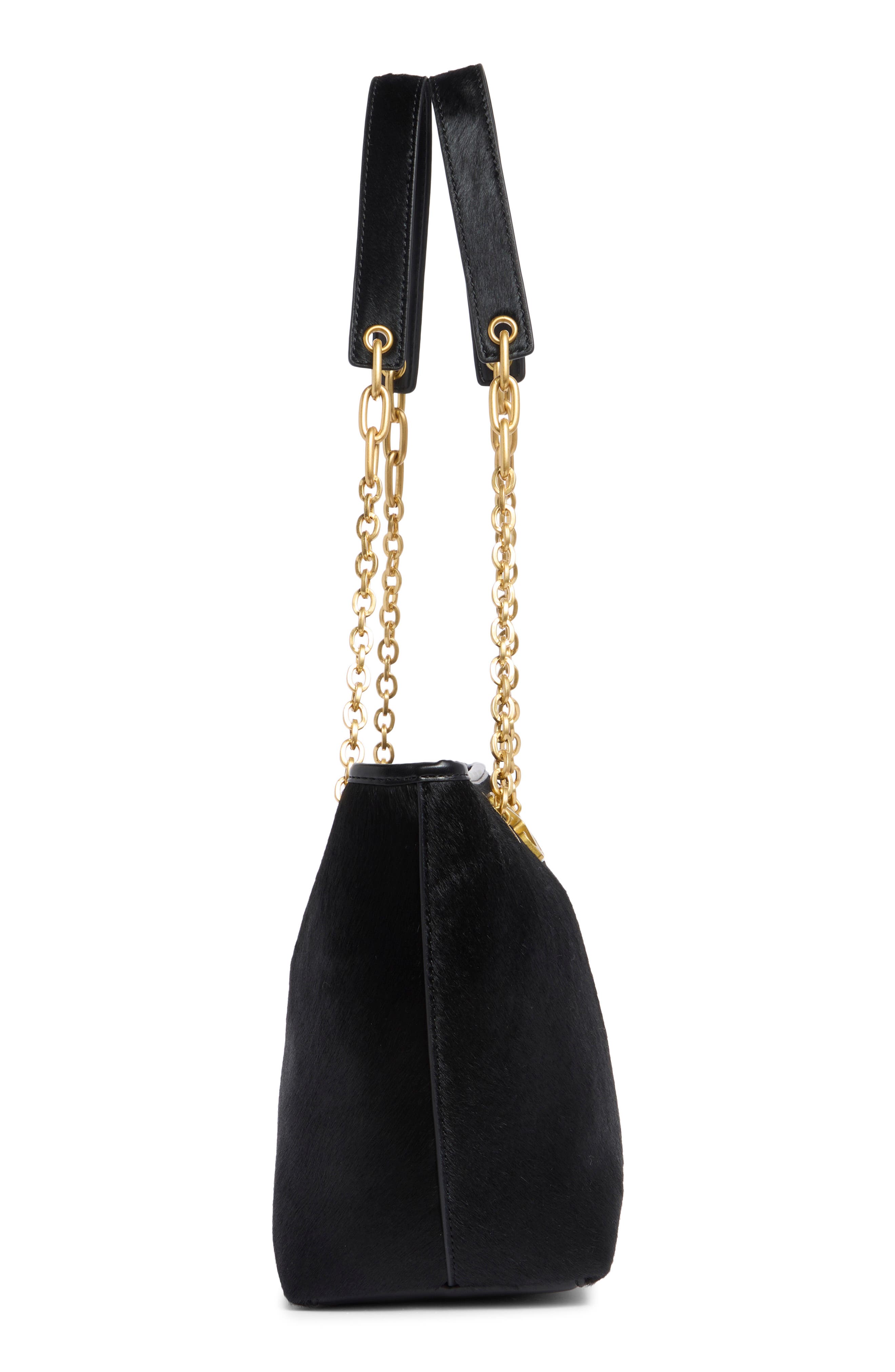 Small Jitney Chain Leather & Calf Hair Tote, Alternate, color, BLACK