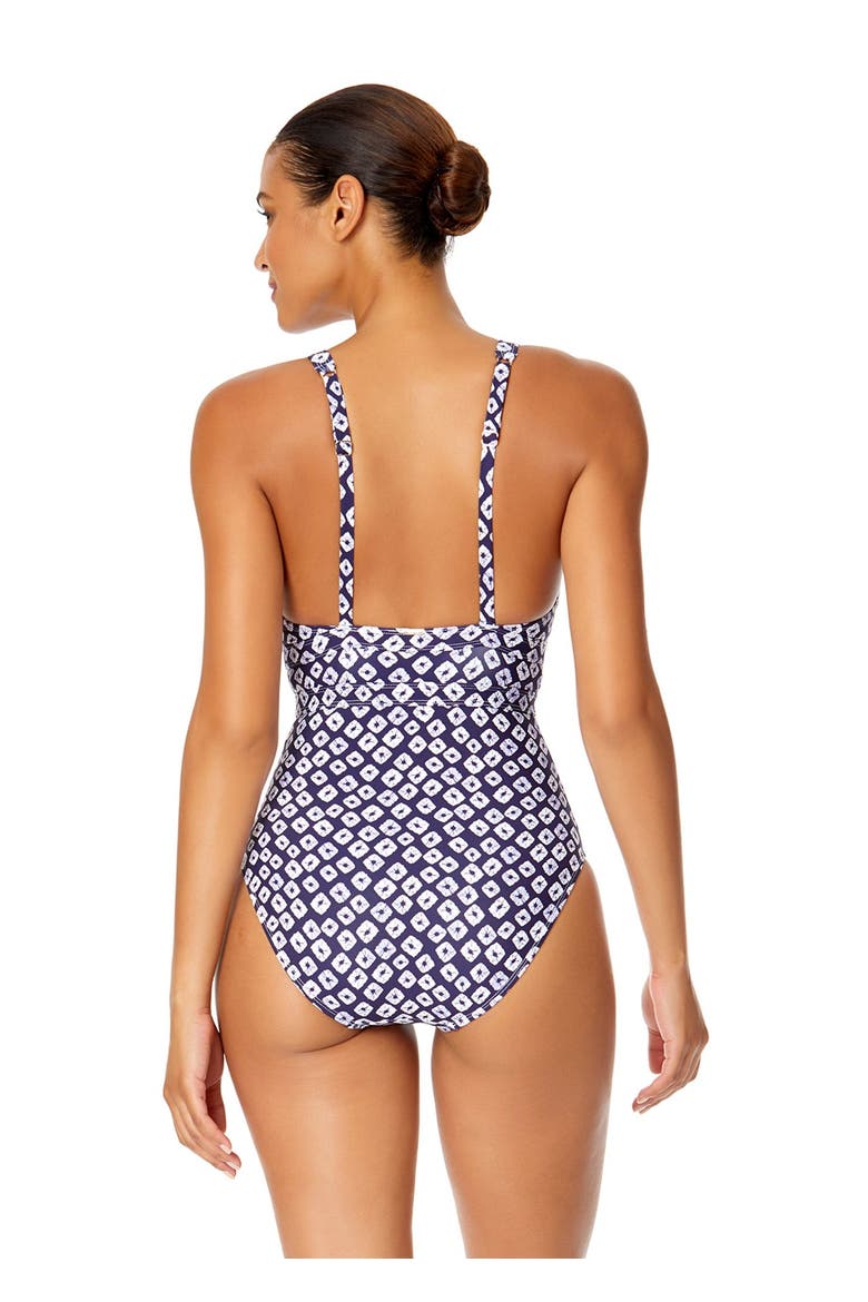 Women's Tie Dye Ikat Double Ring Plunge Front One Piece Swimsuit, Alternate, color, Shibori Geo Blue
