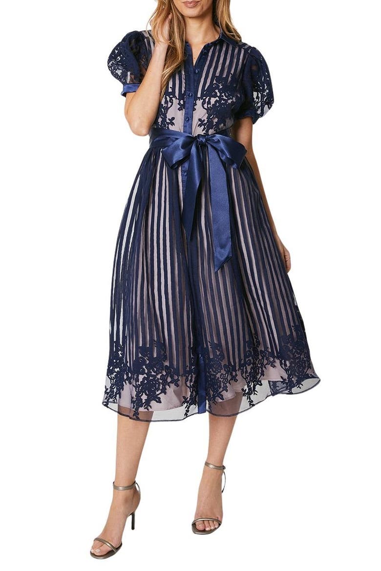 Stripe Organza Puff Sleeve Shirt Dress, Alternate, color, Navy