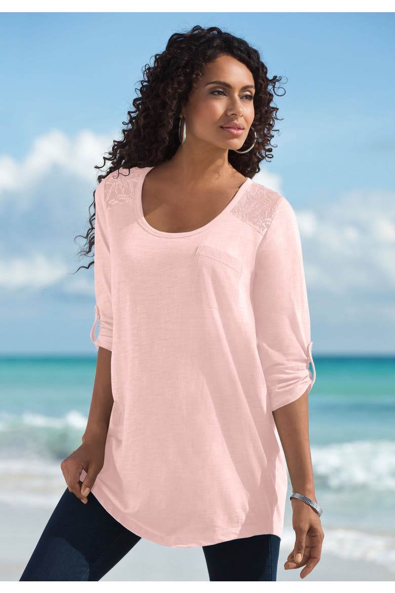 Textured Lace Trimmed Tunic, Alternate, color, SUNSET CORAL